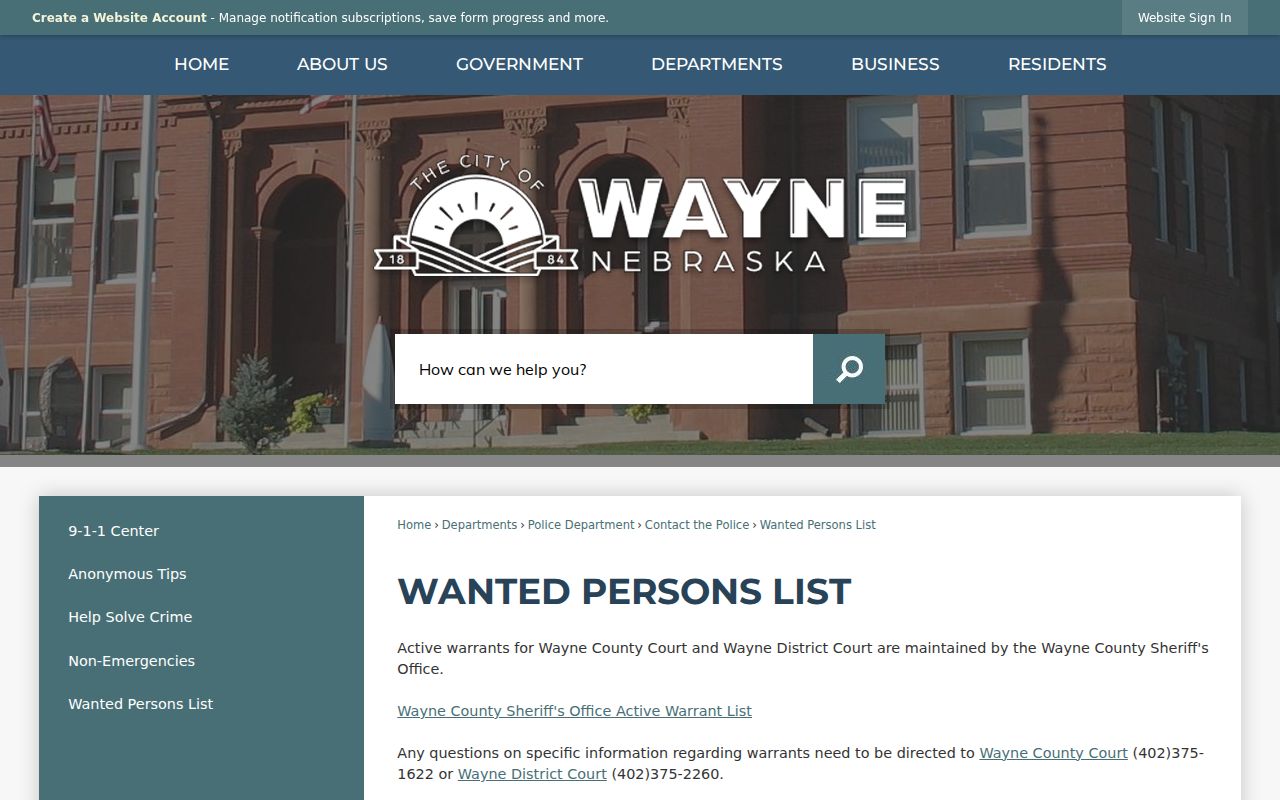 Wayne warrant records city wanted persons routing page